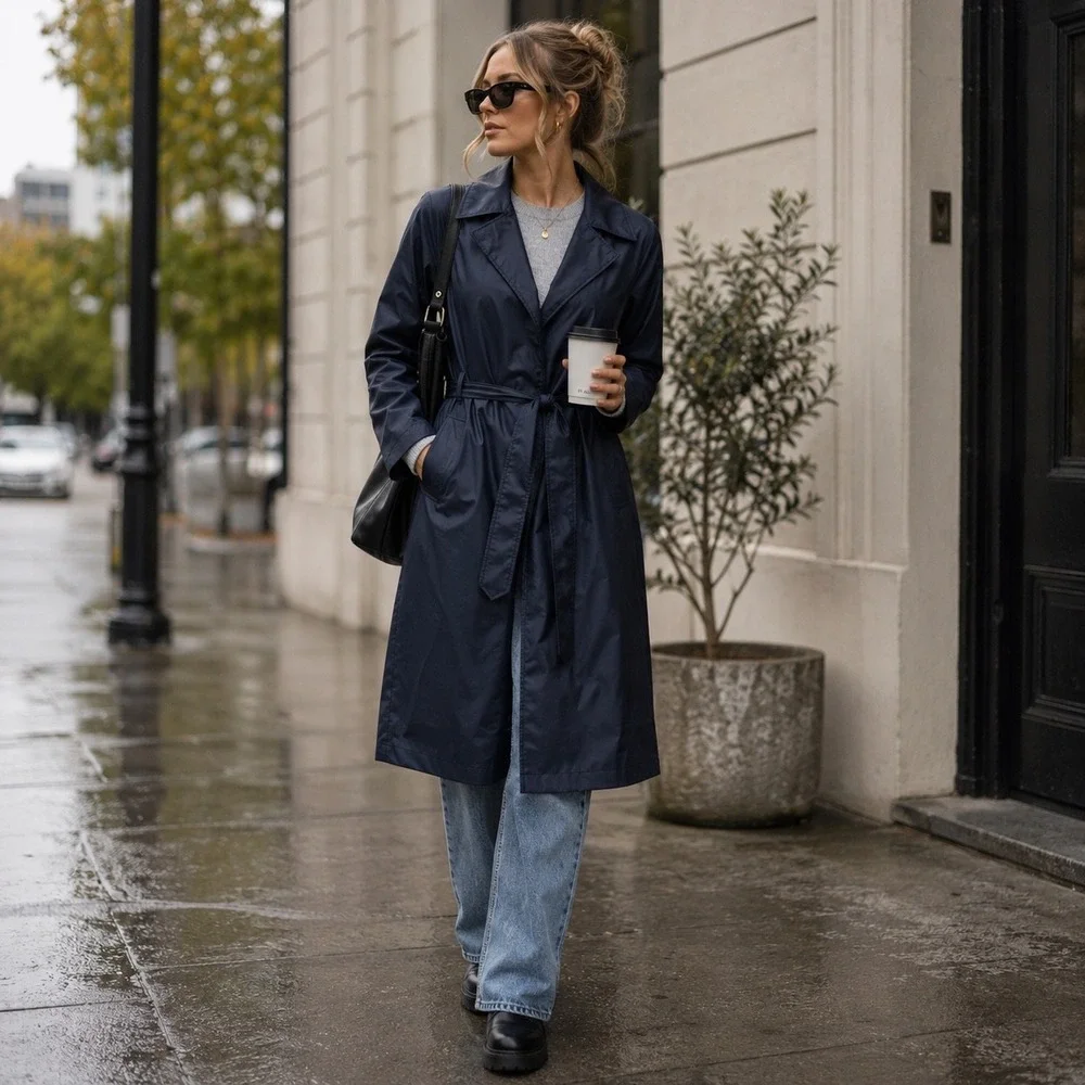 RAINS Navy Waterproof Belted Trench Raincoat M/L NWT Scandinavian Minimalist